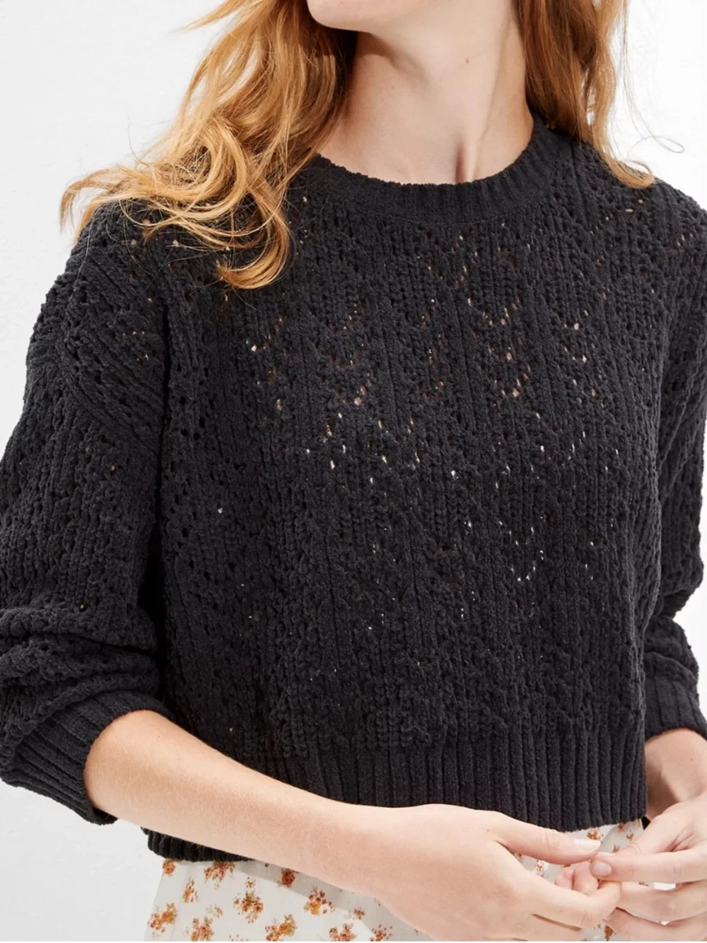 AE Cropped Pointelle Crew Neck Sweater